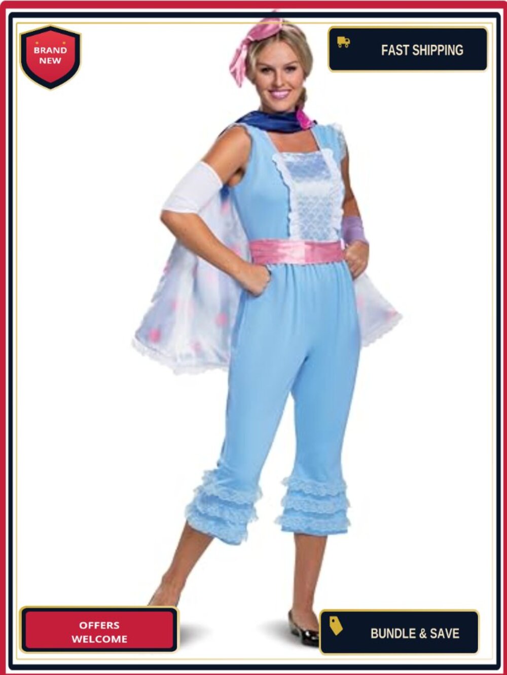Women's Bo Peep Deluxe Adult Costume Jumpsuit Cape Headband Cosplay Halloween